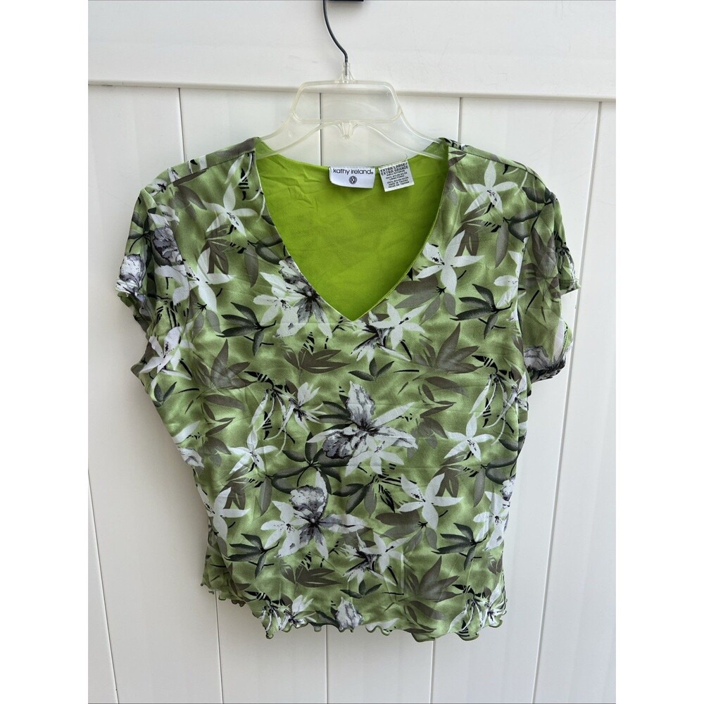 Kathy Ireland Top Womens XL Floral Green Short Sleeve Nylon Vintage